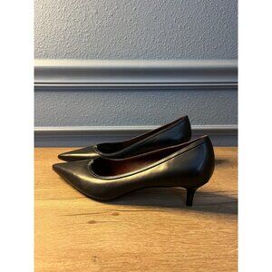 Tory Burch Black Leather Pointed Toe Kitten Heel Pumps Shoes